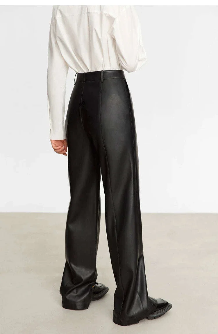 Women's Loose PU Leather Straight Leg Pants with Side Slit Floor Length - Image 21