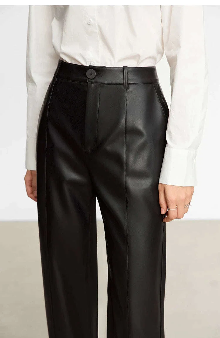 Women's Loose PU Leather Straight Leg Pants with Side Slit Floor Length - Image 22