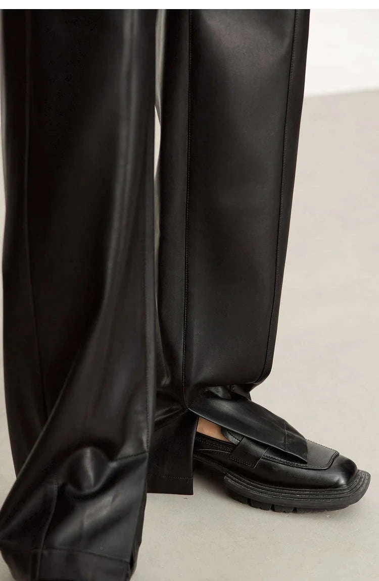 Women's Loose PU Leather Straight Leg Pants with Side Slit Floor Length - Image 23