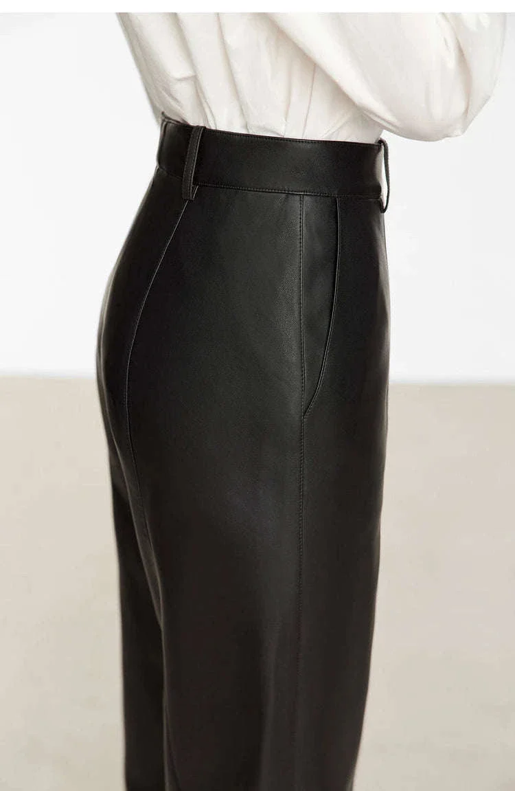 Women's Loose PU Leather Straight Leg Pants with Side Slit Floor Length - Image 24