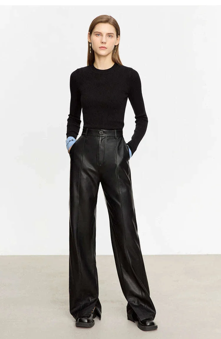 Women's Loose PU Leather Straight Leg Pants with Side Slit Floor Length - Image 25
