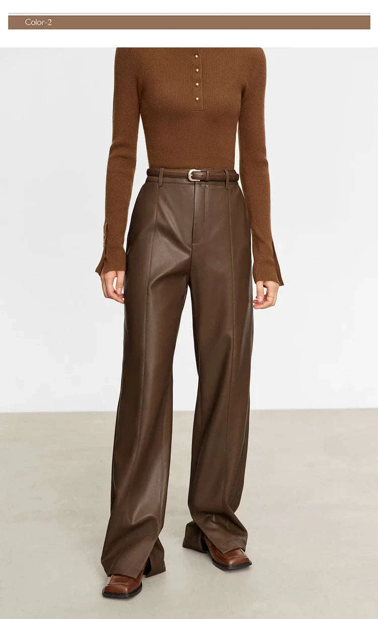 Women's Loose PU Leather Straight Leg Pants with Side Slit Floor Length - Image 26