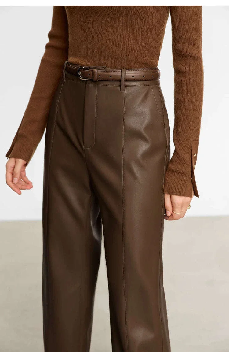 Women's Loose PU Leather Straight Leg Pants with Side Slit Floor Length - Image 28