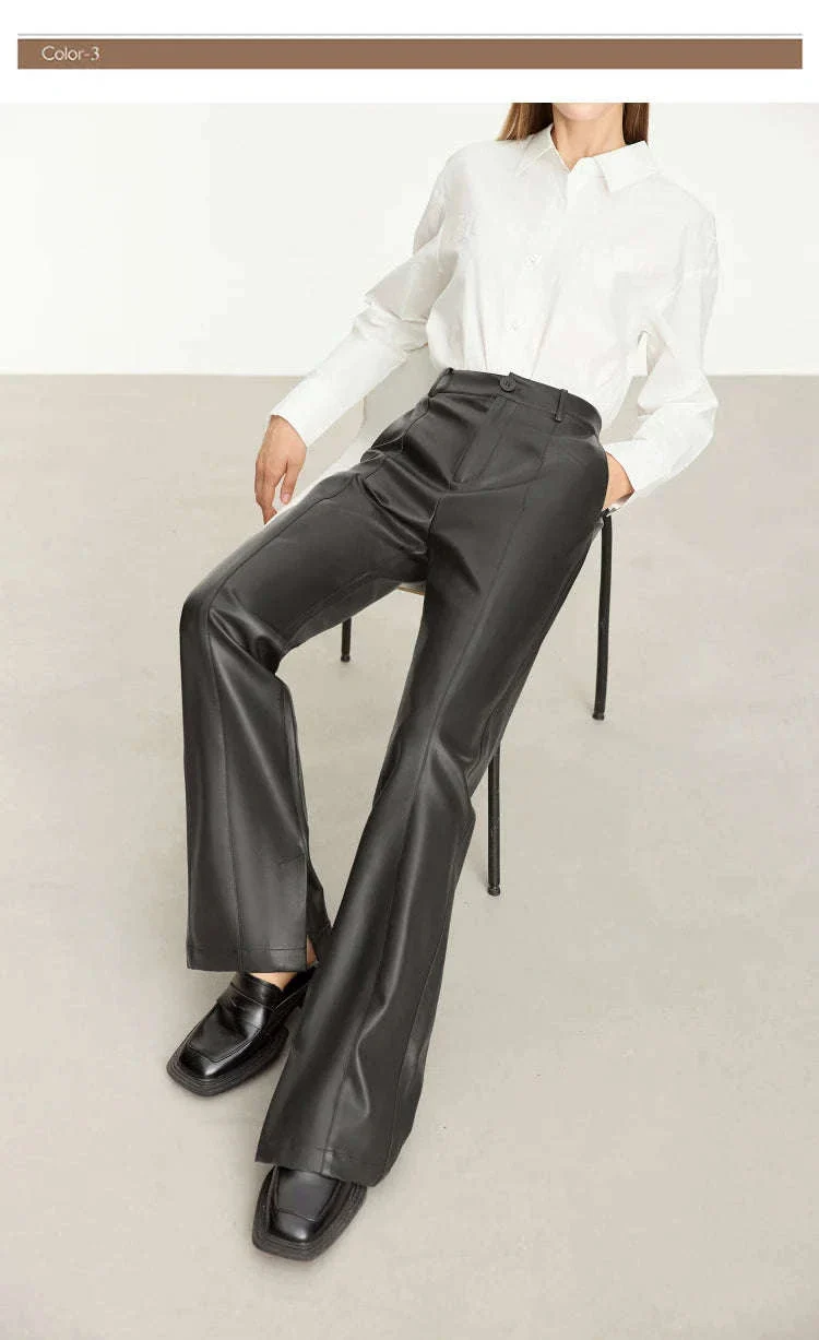Women's Loose PU Leather Straight Leg Pants with Side Slit Floor Length - Image 31