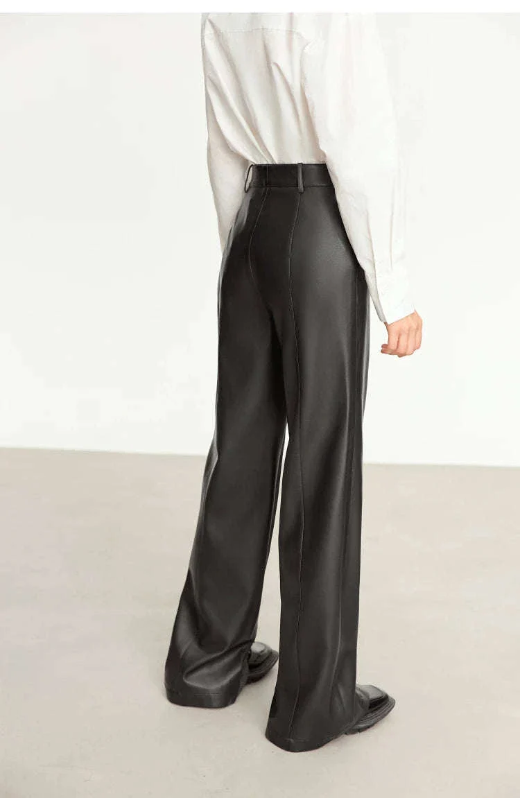 Women's Loose PU Leather Straight Leg Pants with Side Slit Floor Length - Image 32