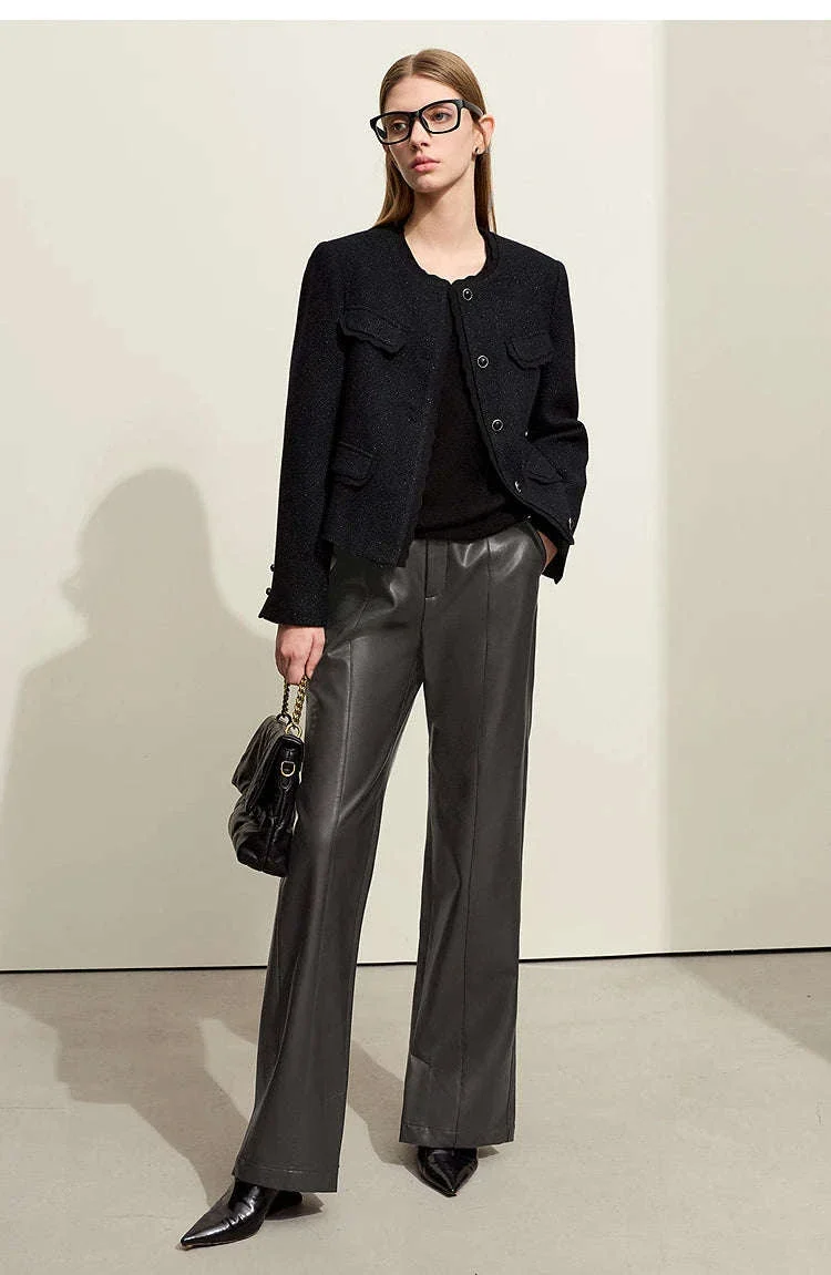 Women's Loose PU Leather Straight Leg Pants with Side Slit Floor Length - Image 34