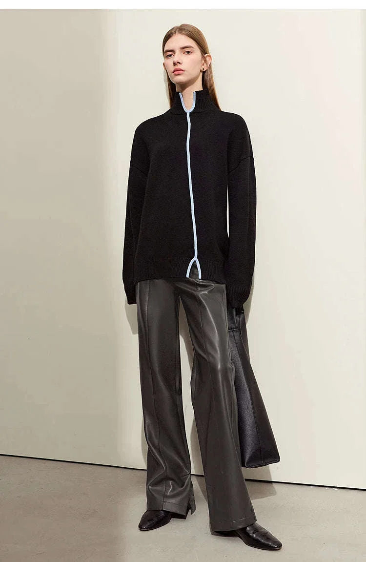 Women's Loose PU Leather Straight Leg Pants with Side Slit Floor Length - Image 35