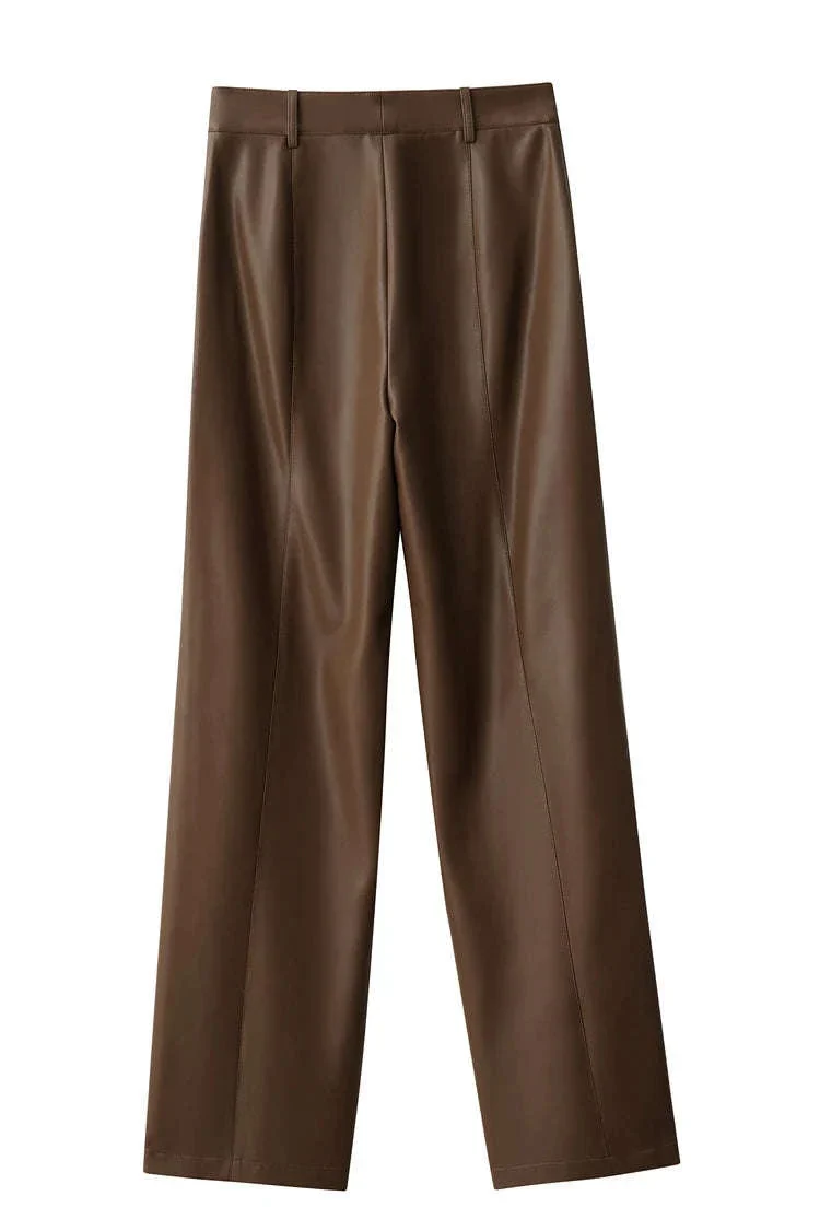 Women's Loose PU Leather Straight Leg Pants with Side Slit Floor Length - Image 37