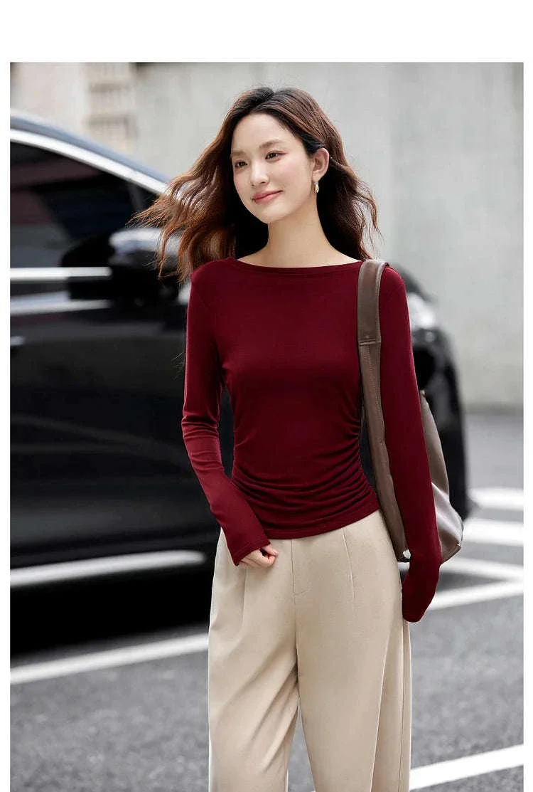 Women’s Slim Fit Slash Neck Long Sleeve Stretch Knit Top - Image 30