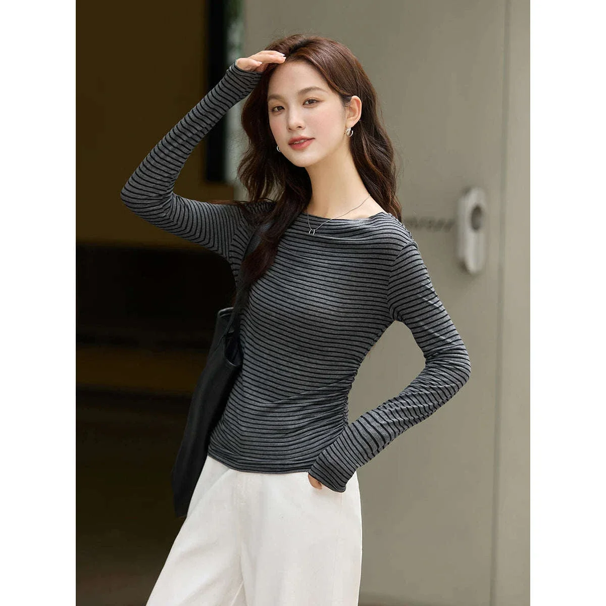 Women’s Slim Fit Slash Neck Long Sleeve Stretch Knit Top - Image 51