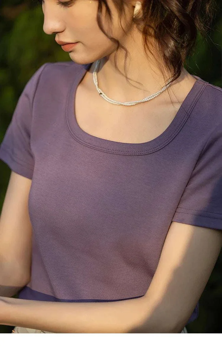 Women's Square Neck Cotton Blend T-Shirt – Elegant Short Sleeve Top - Image 21