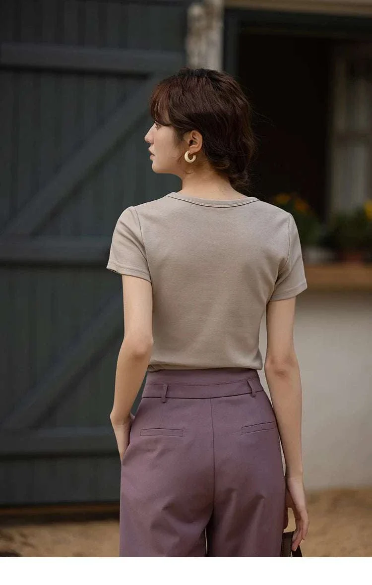Women's Square Neck Cotton Blend T-Shirt – Elegant Short Sleeve Top - Image 43