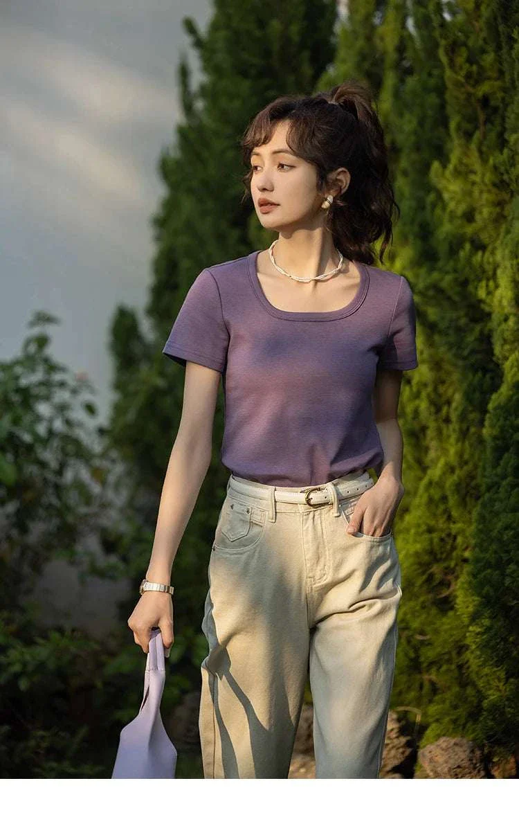 Women's Square Neck Cotton Blend T-Shirt – Elegant Short Sleeve Top - Image 52