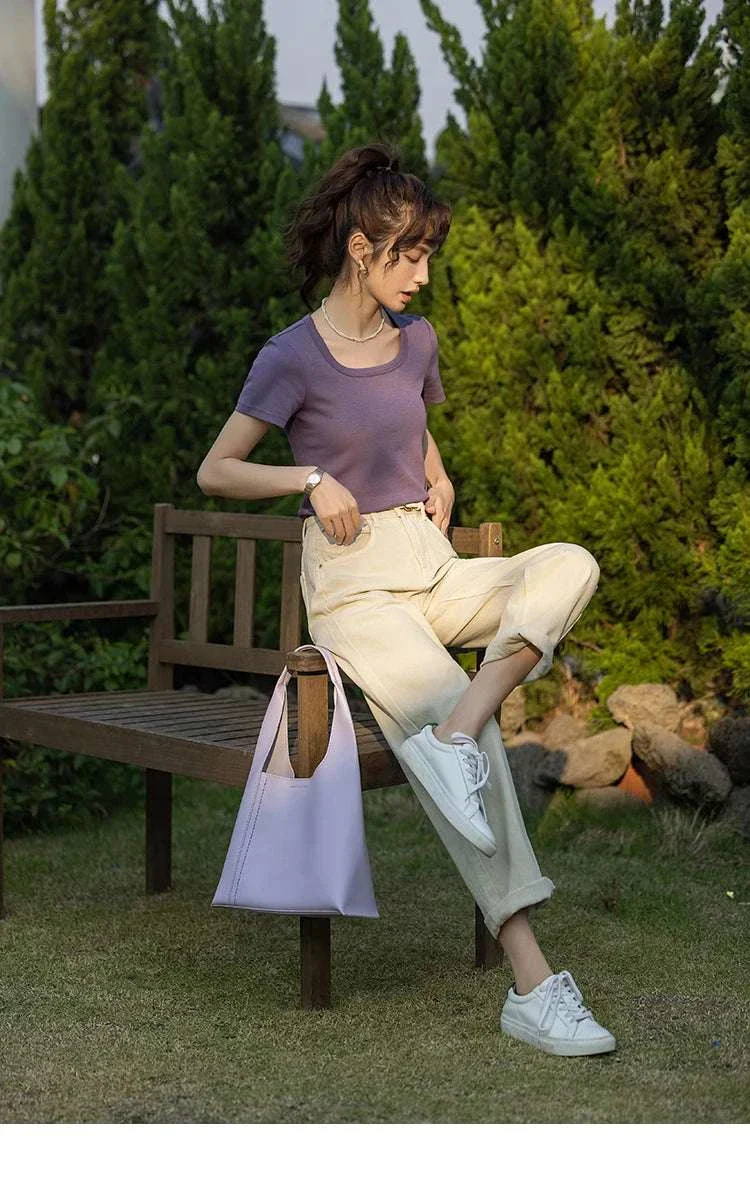 Women's Square Neck Cotton Blend T-Shirt – Elegant Short Sleeve Top - Image 54