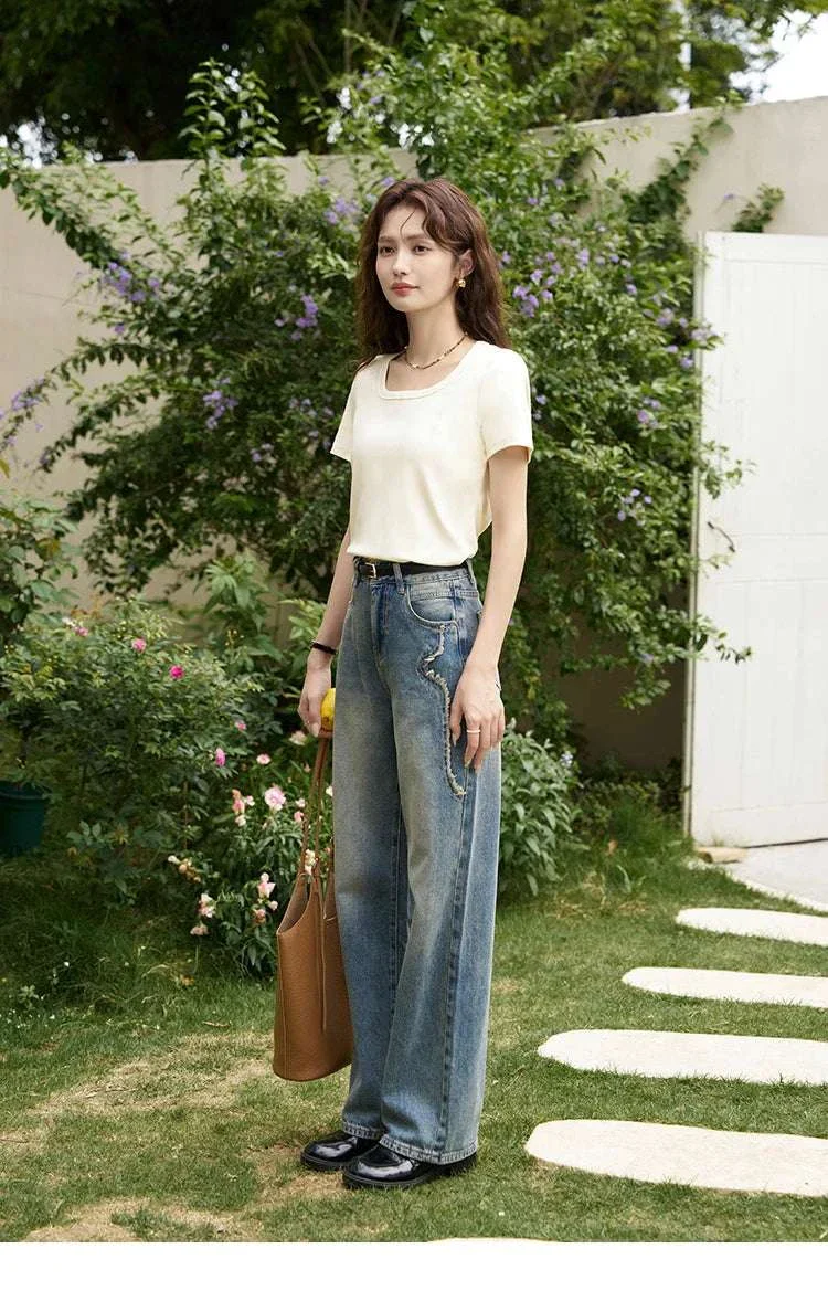 Women's Square Neck Cotton Blend T-Shirt – Elegant Short Sleeve Top - Image 69
