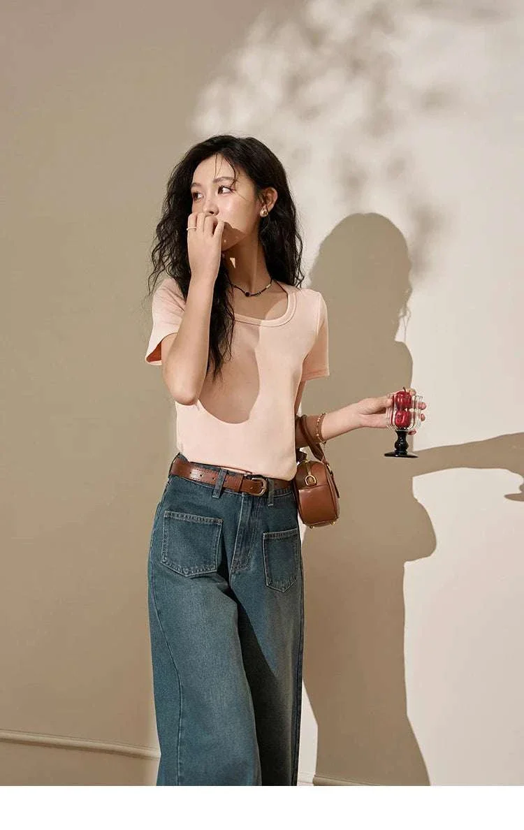 Women's Square Neck Cotton Blend T-Shirt – Elegant Short Sleeve Top - Image 73