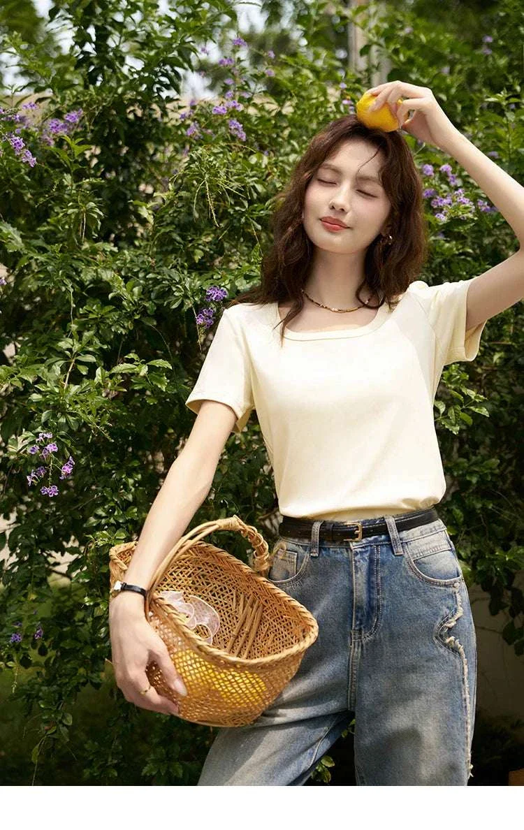 Women's Square Neck Cotton Blend T-Shirt – Elegant Short Sleeve Top - Image 81