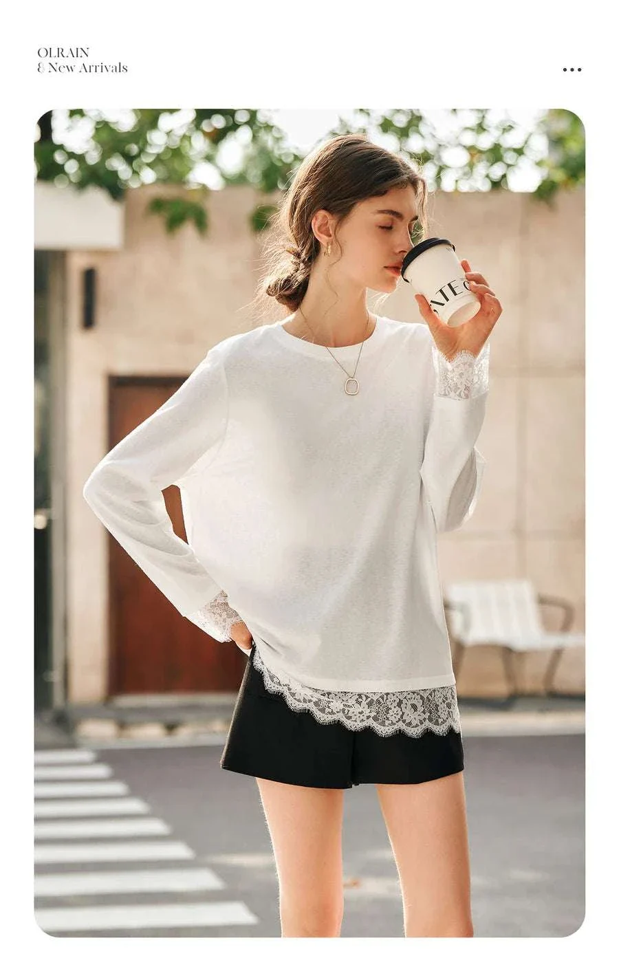 Women's White Cotton Long Sleeve Lace Crewneck Loose T-Shirt - Image 12