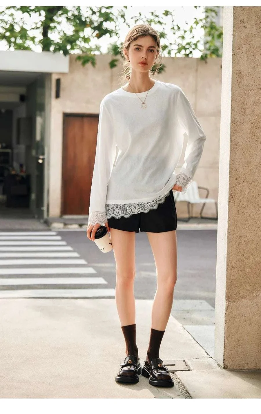 Women's White Cotton Long Sleeve Lace Crewneck Loose T-Shirt - Image 13