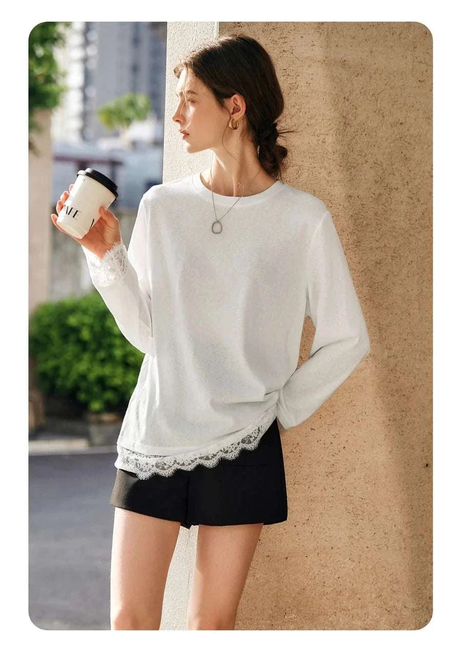 Women's White Cotton Long Sleeve Lace Crewneck Loose T-Shirt - Image 14