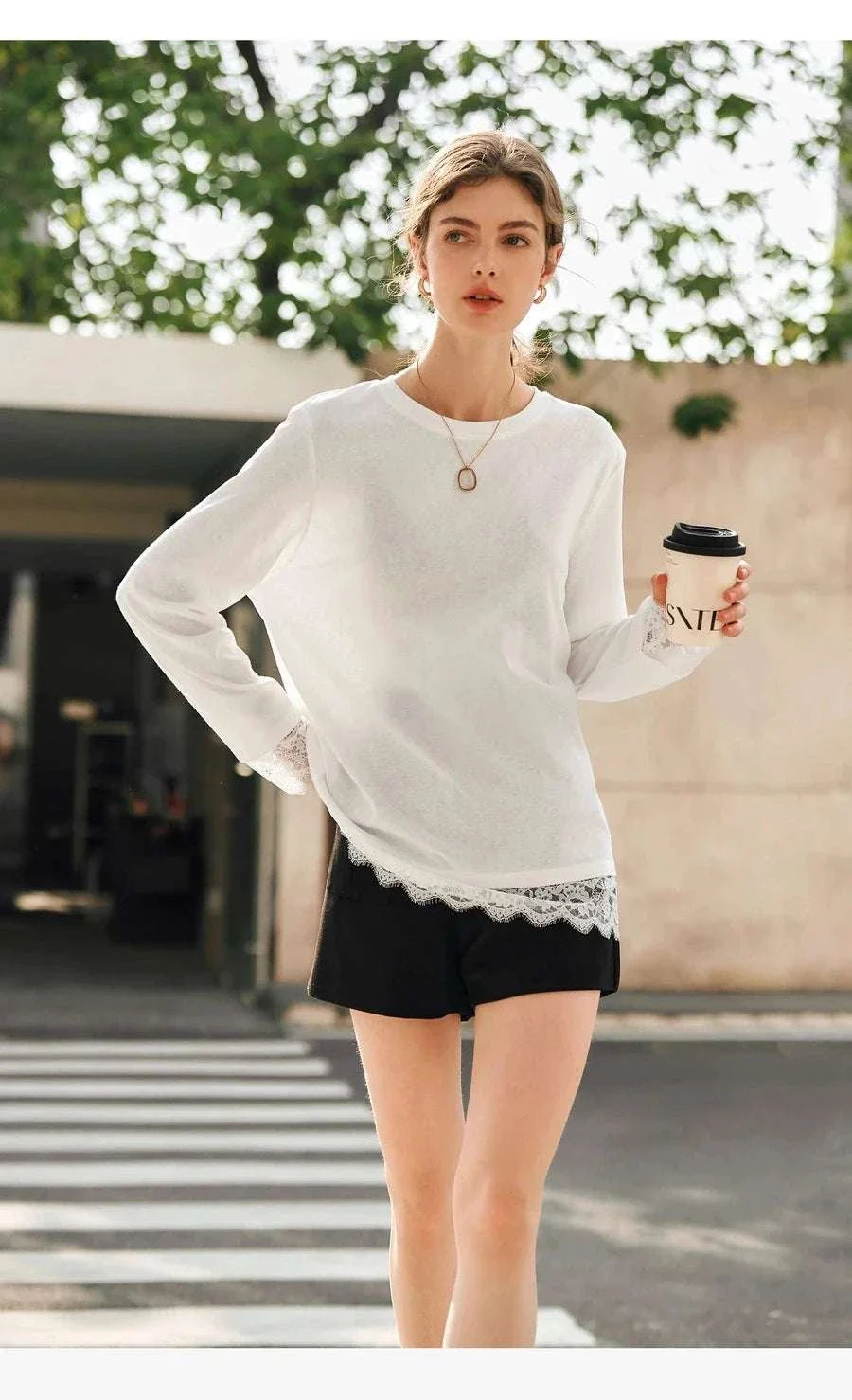 Women's White Cotton Long Sleeve Lace Crewneck Loose T-Shirt - Image 15