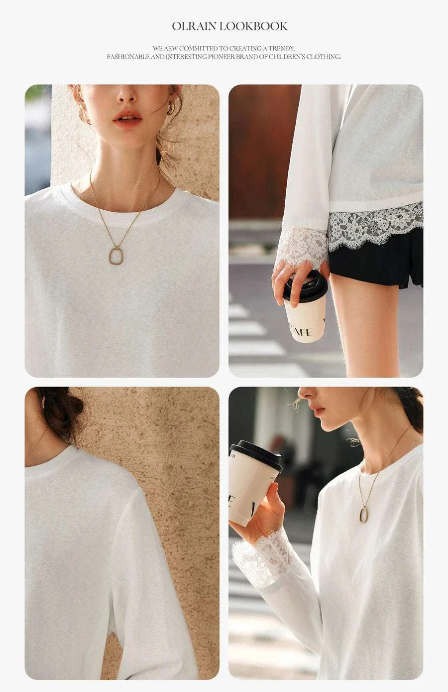 Women's White Cotton Long Sleeve Lace Crewneck Loose T-Shirt - Image 16