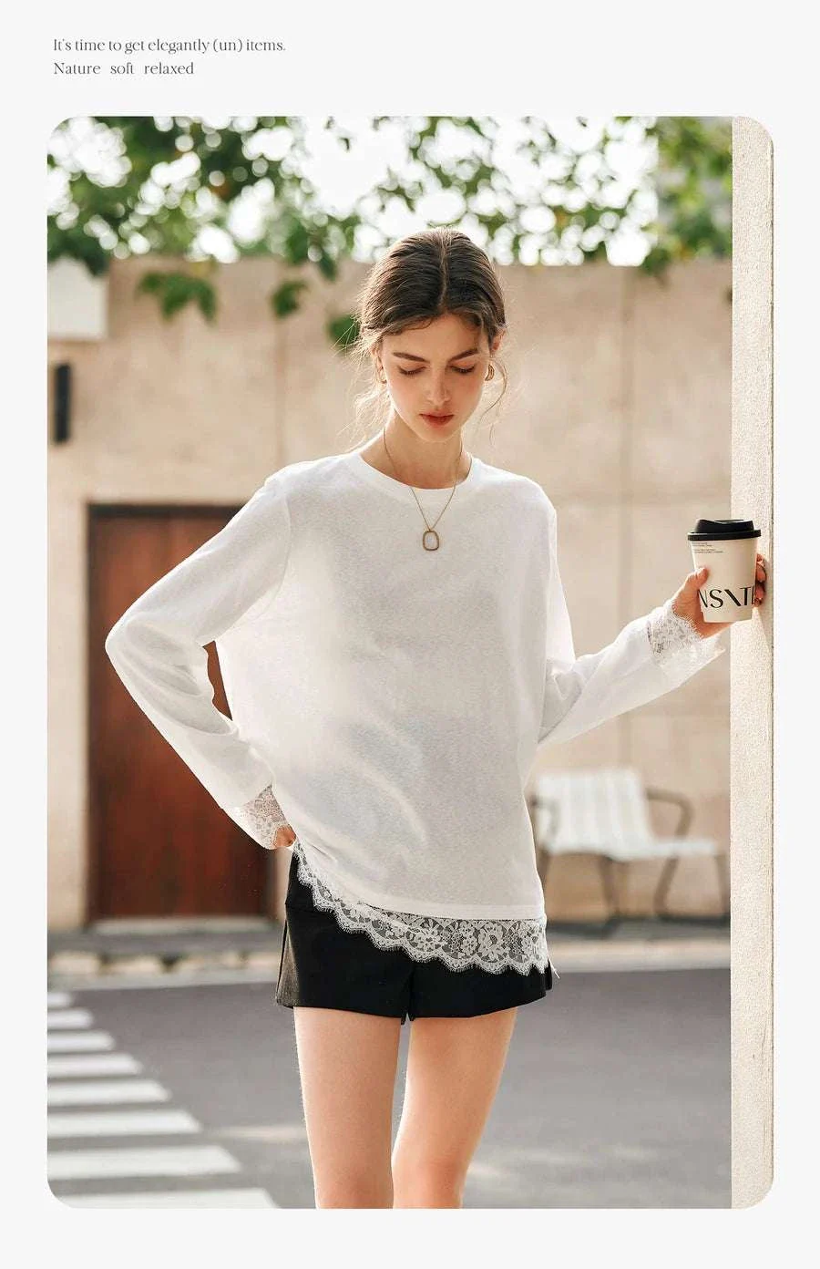 Women's White Cotton Long Sleeve Lace Crewneck Loose T-Shirt - Image 17