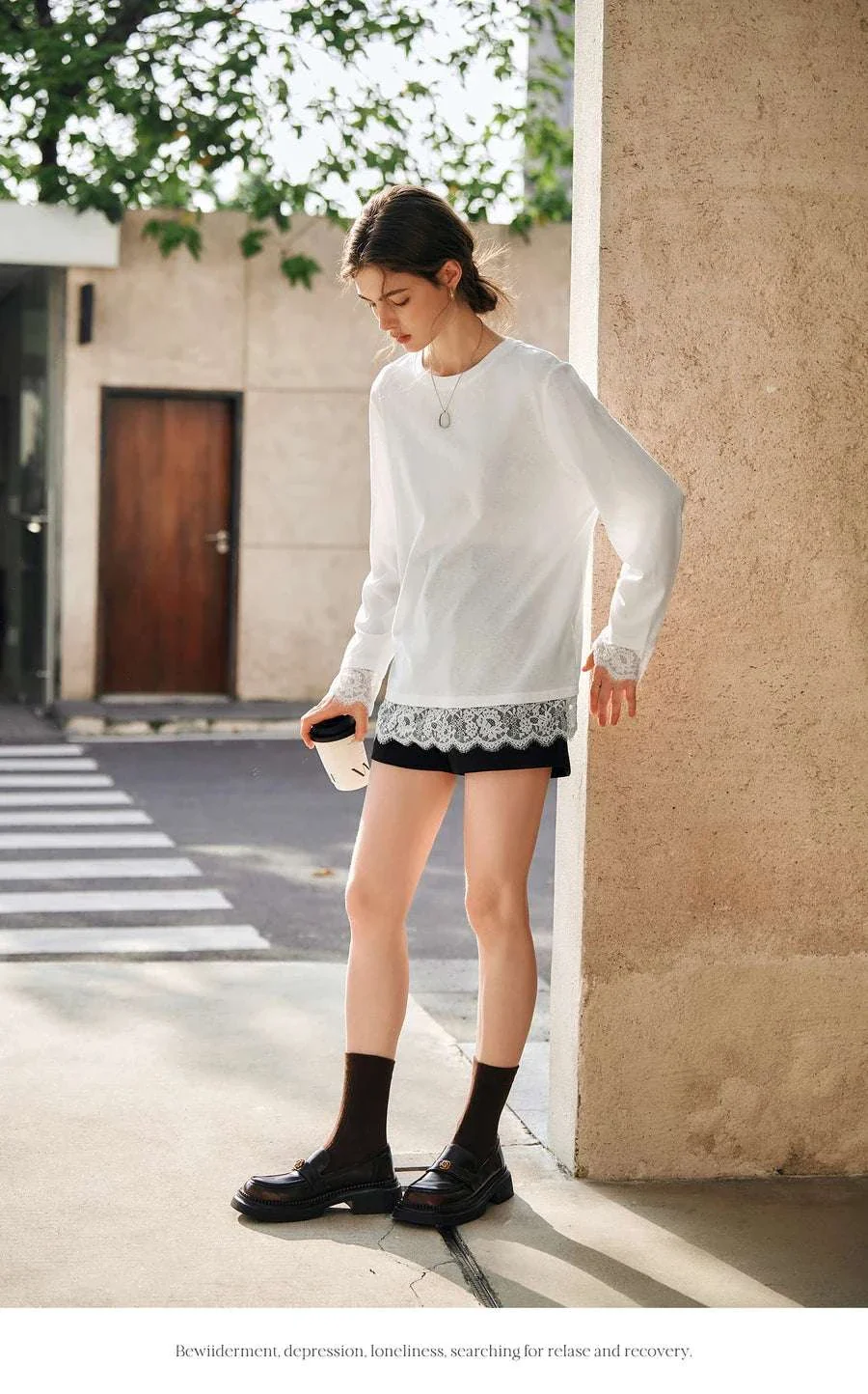 Women's White Cotton Long Sleeve Lace Crewneck Loose T-Shirt - Image 19