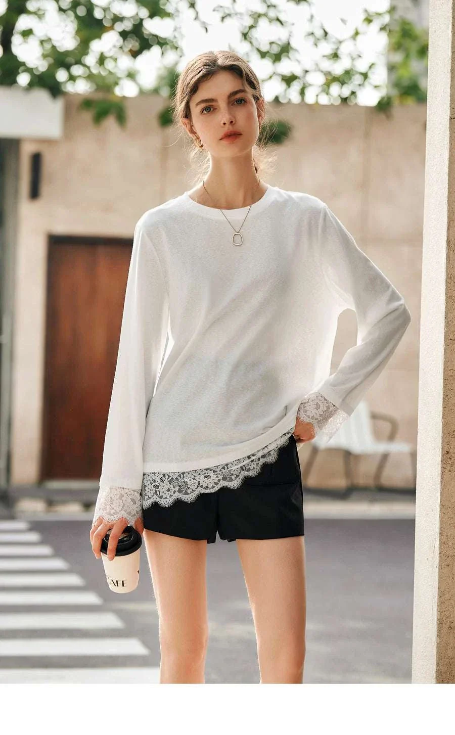 Women's White Cotton Long Sleeve Lace Crewneck Loose T-Shirt - Image 20
