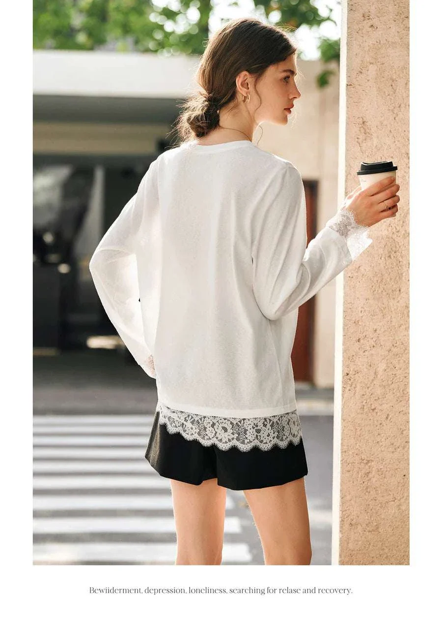 Women's White Cotton Long Sleeve Lace Crewneck Loose T-Shirt - Image 21