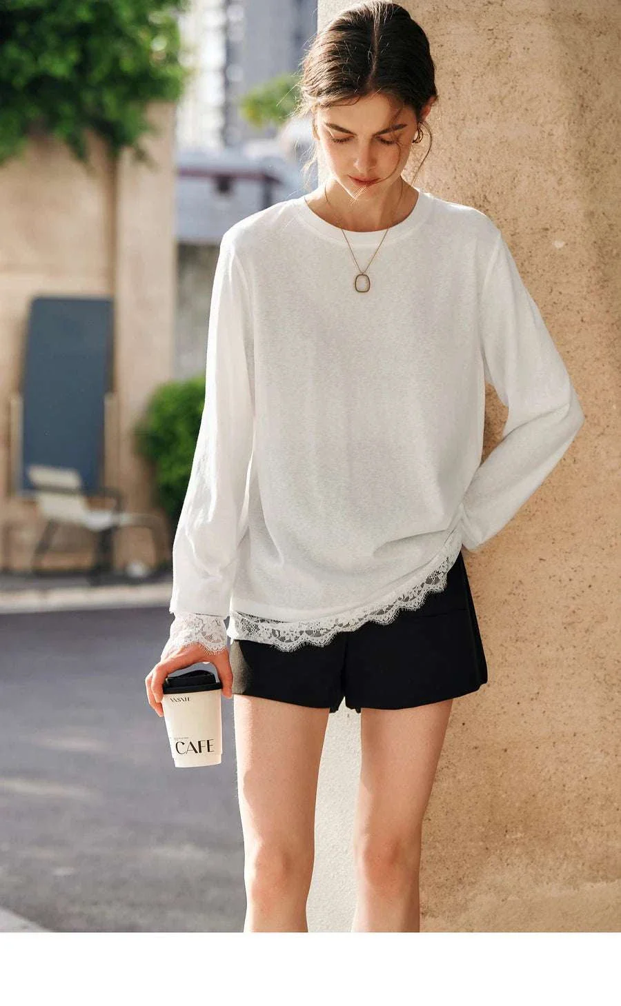 Women's White Cotton Long Sleeve Lace Crewneck Loose T-Shirt - Image 22