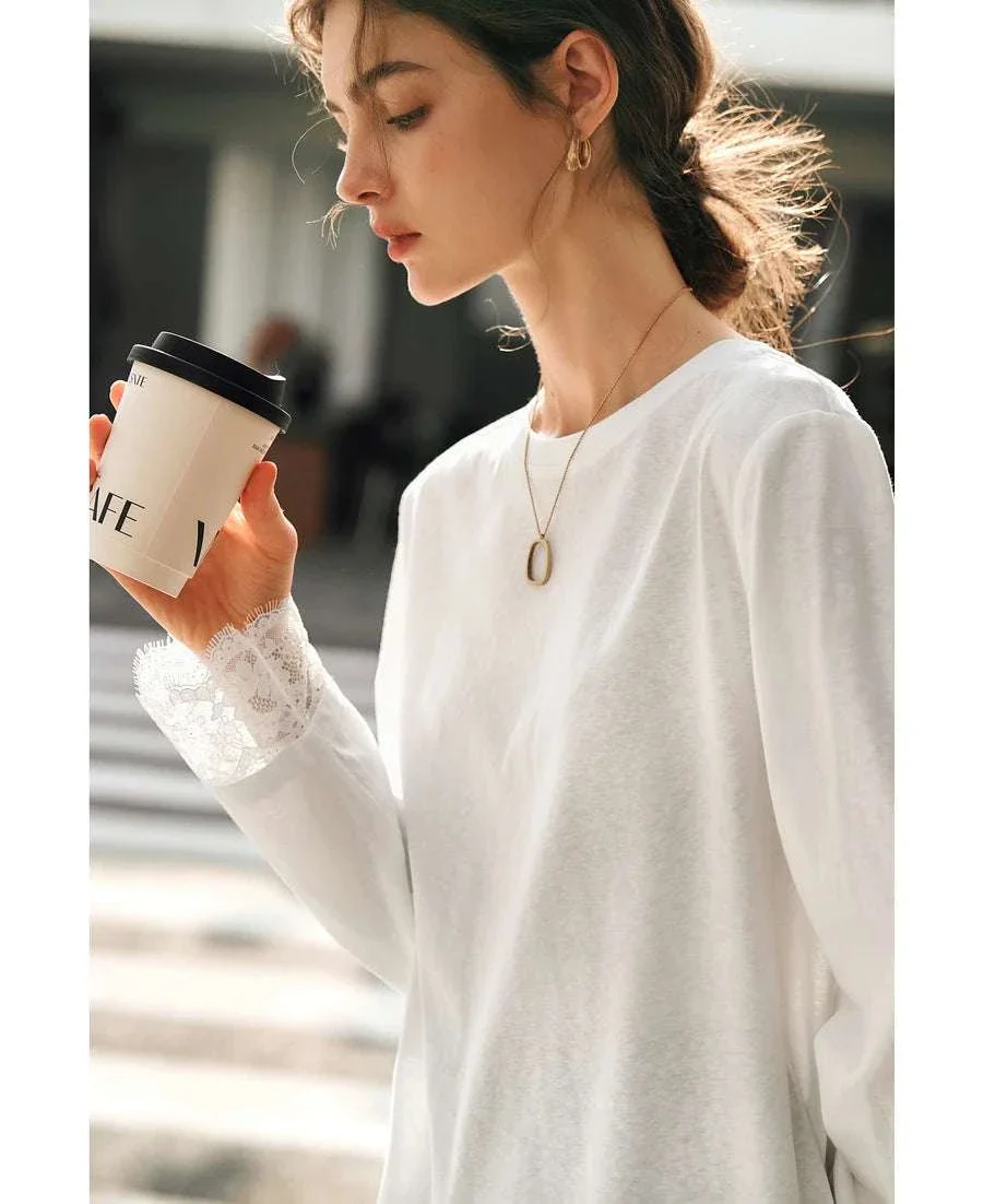 Women's White Cotton Long Sleeve Lace Crewneck Loose T-Shirt - Image 23
