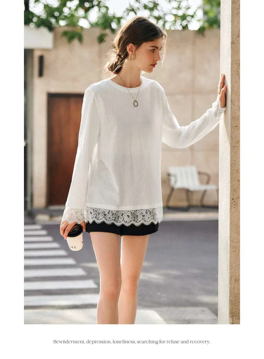 Women's White Cotton Long Sleeve Lace Crewneck Loose T-Shirt - Image 24