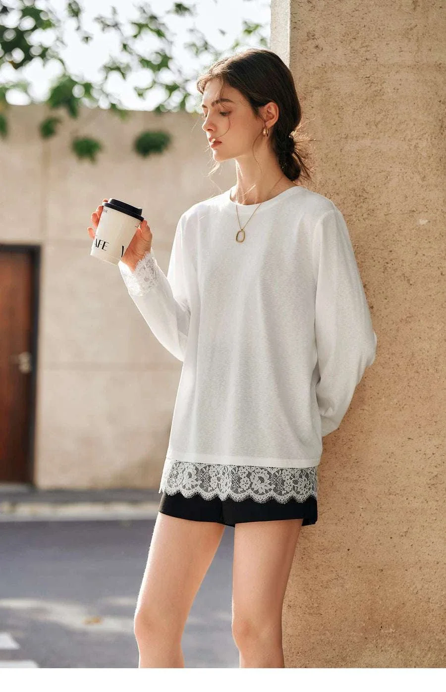 Women's White Cotton Long Sleeve Lace Crewneck Loose T-Shirt - Image 25