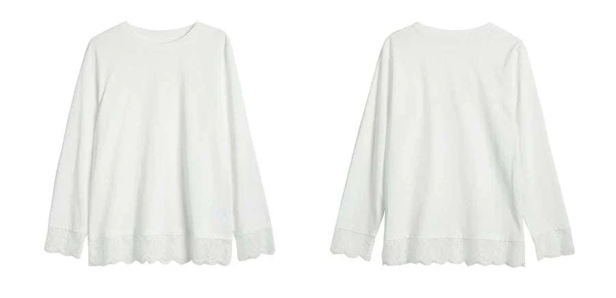 Women's White Cotton Long Sleeve Lace Crewneck Loose T-Shirt - Image 27