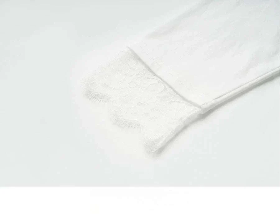 Women's White Cotton Long Sleeve Lace Crewneck Loose T-Shirt - Image 29