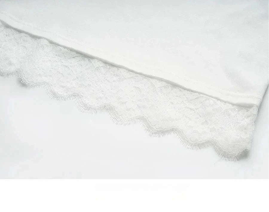 Women's White Cotton Long Sleeve Lace Crewneck Loose T-Shirt - Image 30