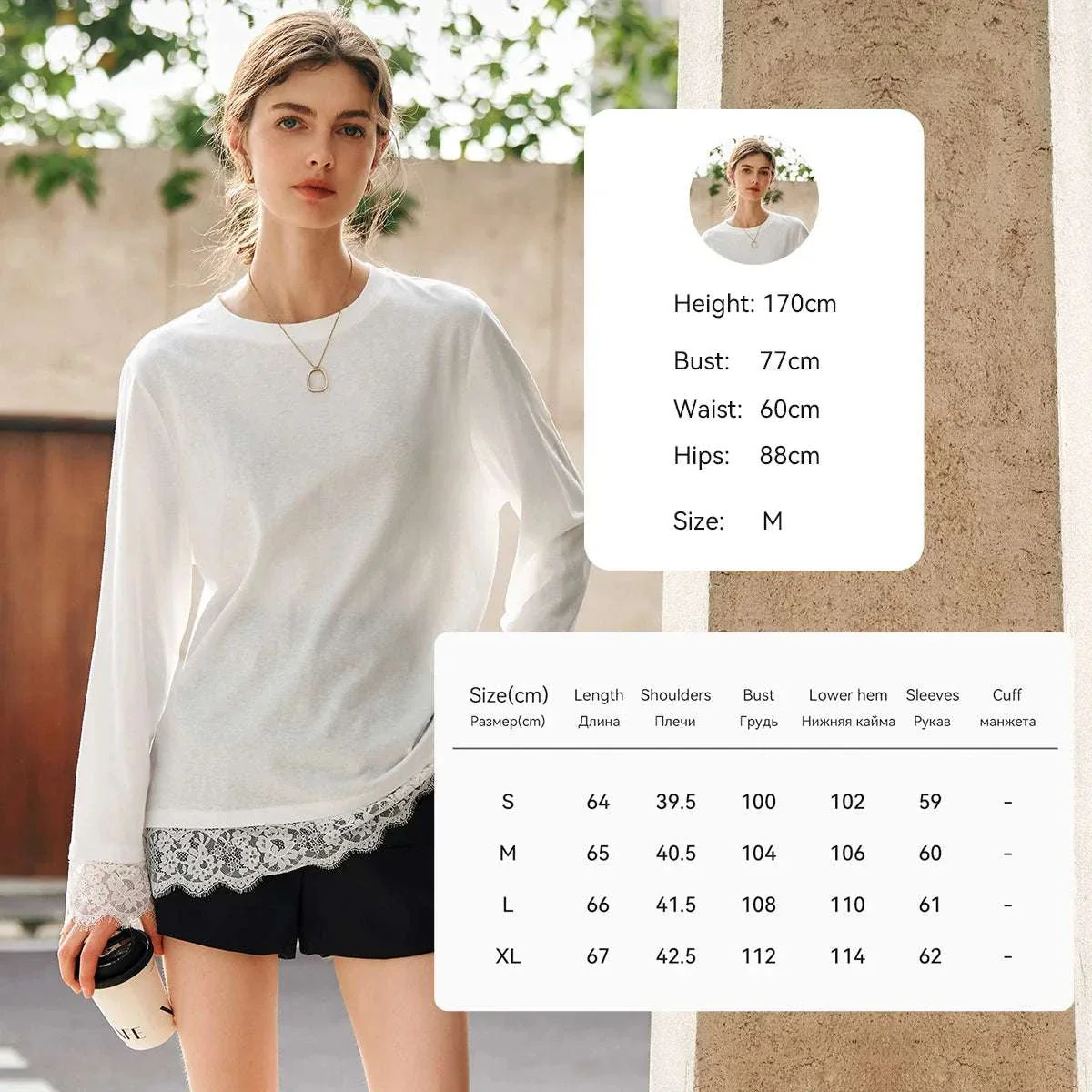 Women's White Cotton Long Sleeve Lace Crewneck Loose T-Shirt - Image 35