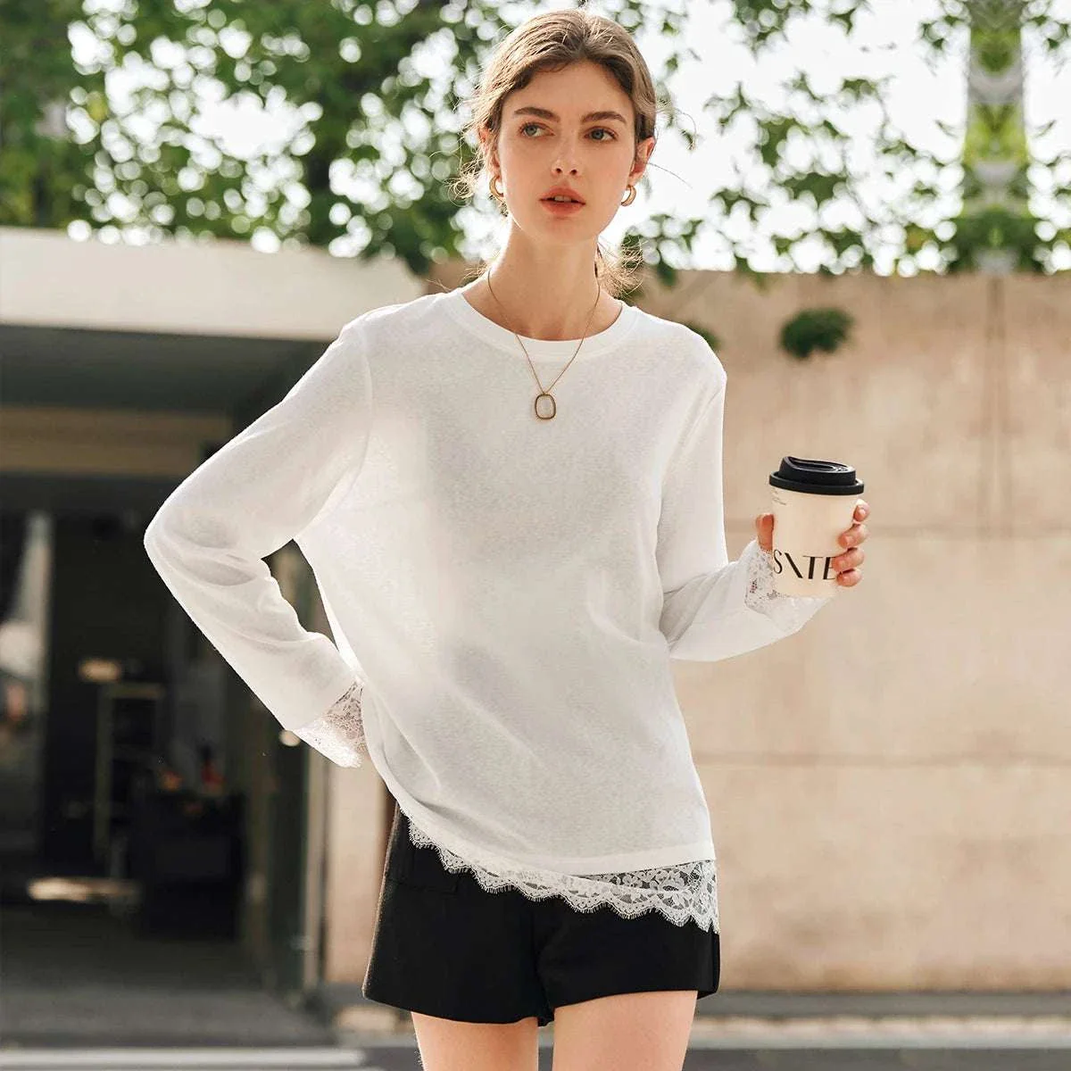Women's White Cotton Long Sleeve Lace Crewneck Loose T-Shirt - Image 5