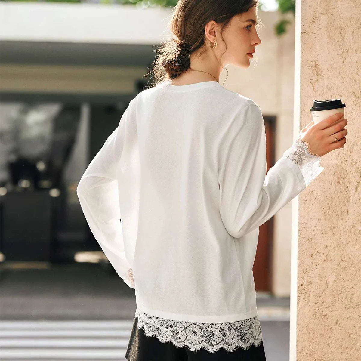 Women's White Cotton Long Sleeve Lace Crewneck Loose T-Shirt - Image 6