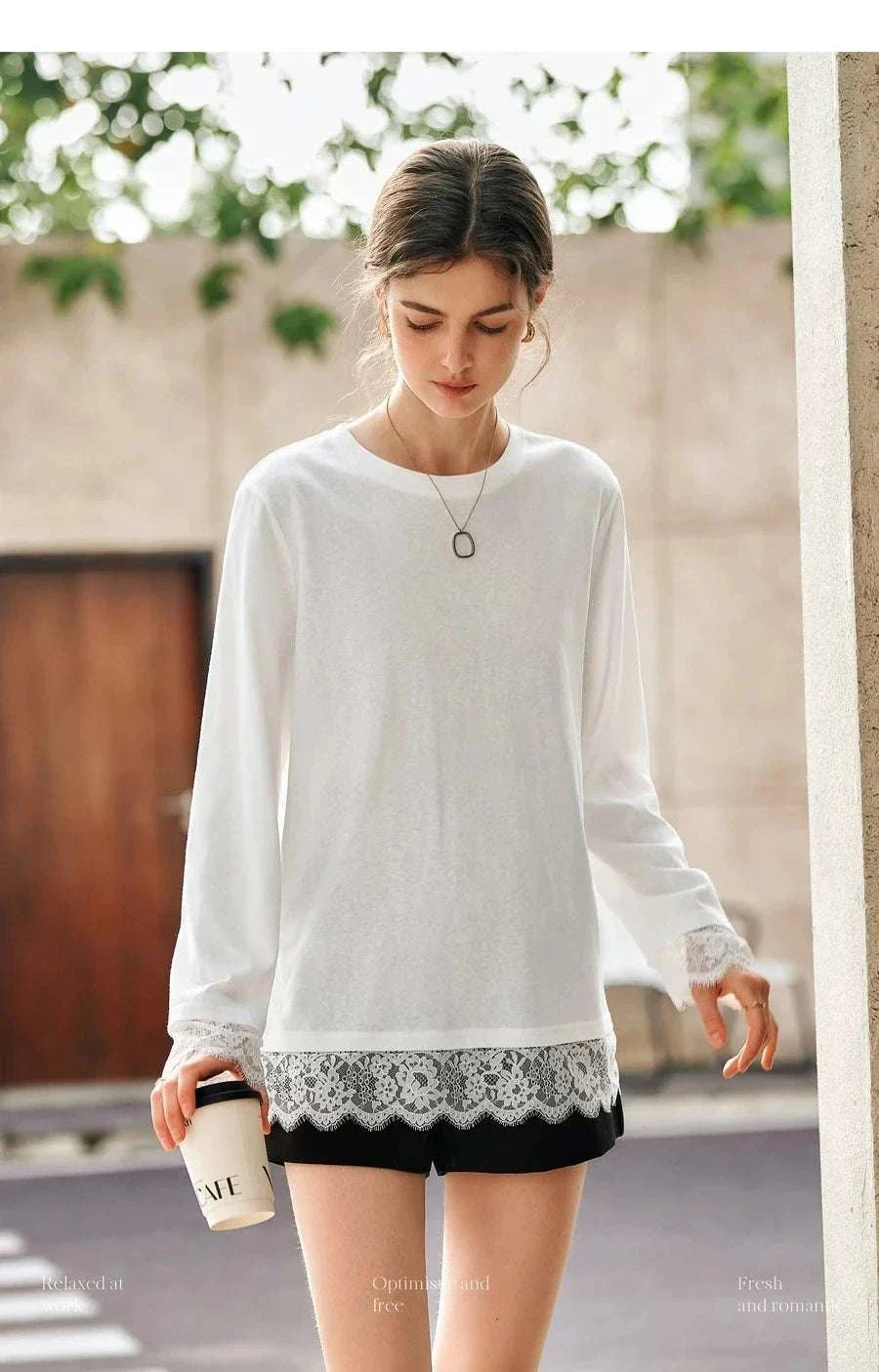 Women's White Cotton Long Sleeve Lace Crewneck Loose T-Shirt - Image 8