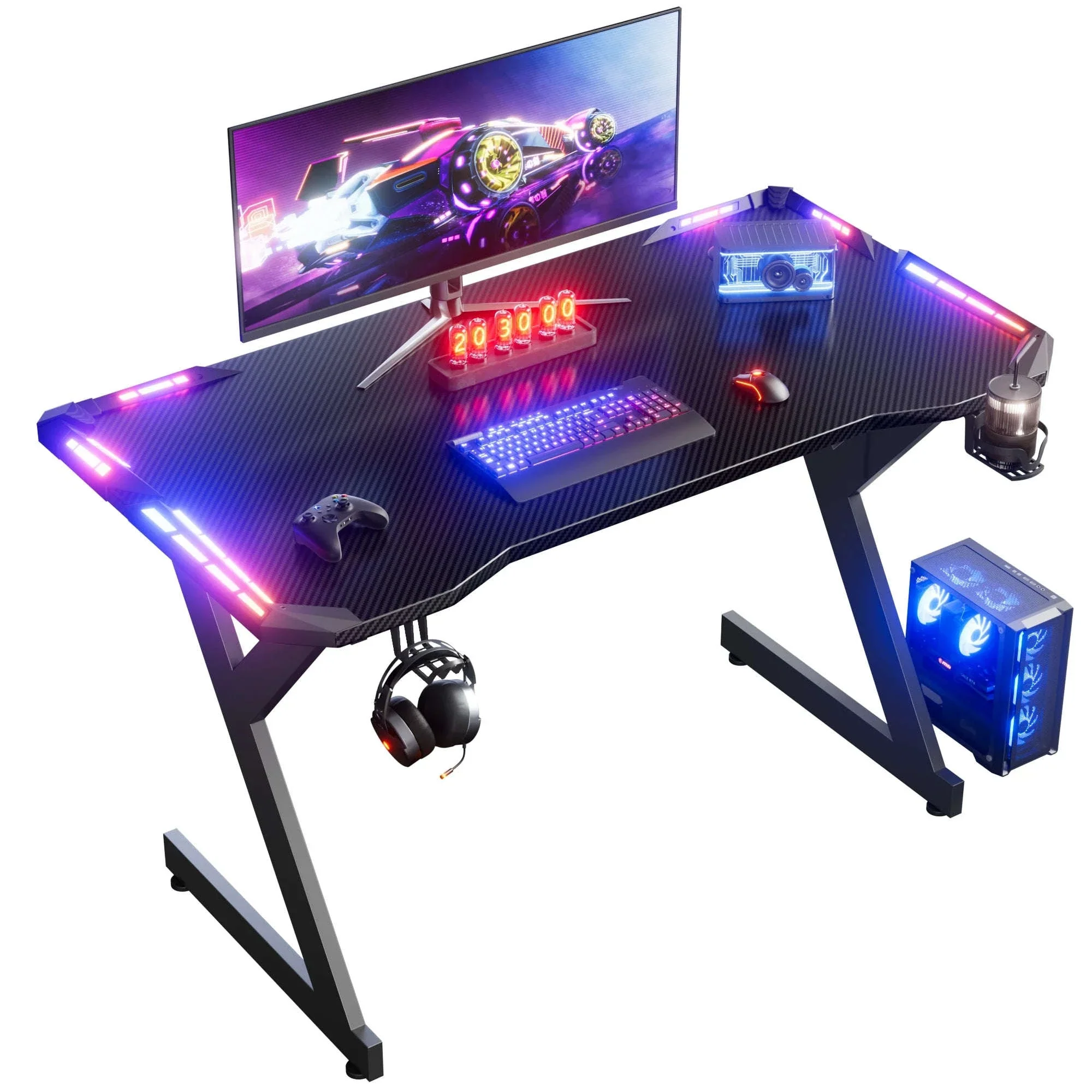 Y-Shaped RGB Gaming Desk with Cup Holder and Headphone Hook - Image 2
