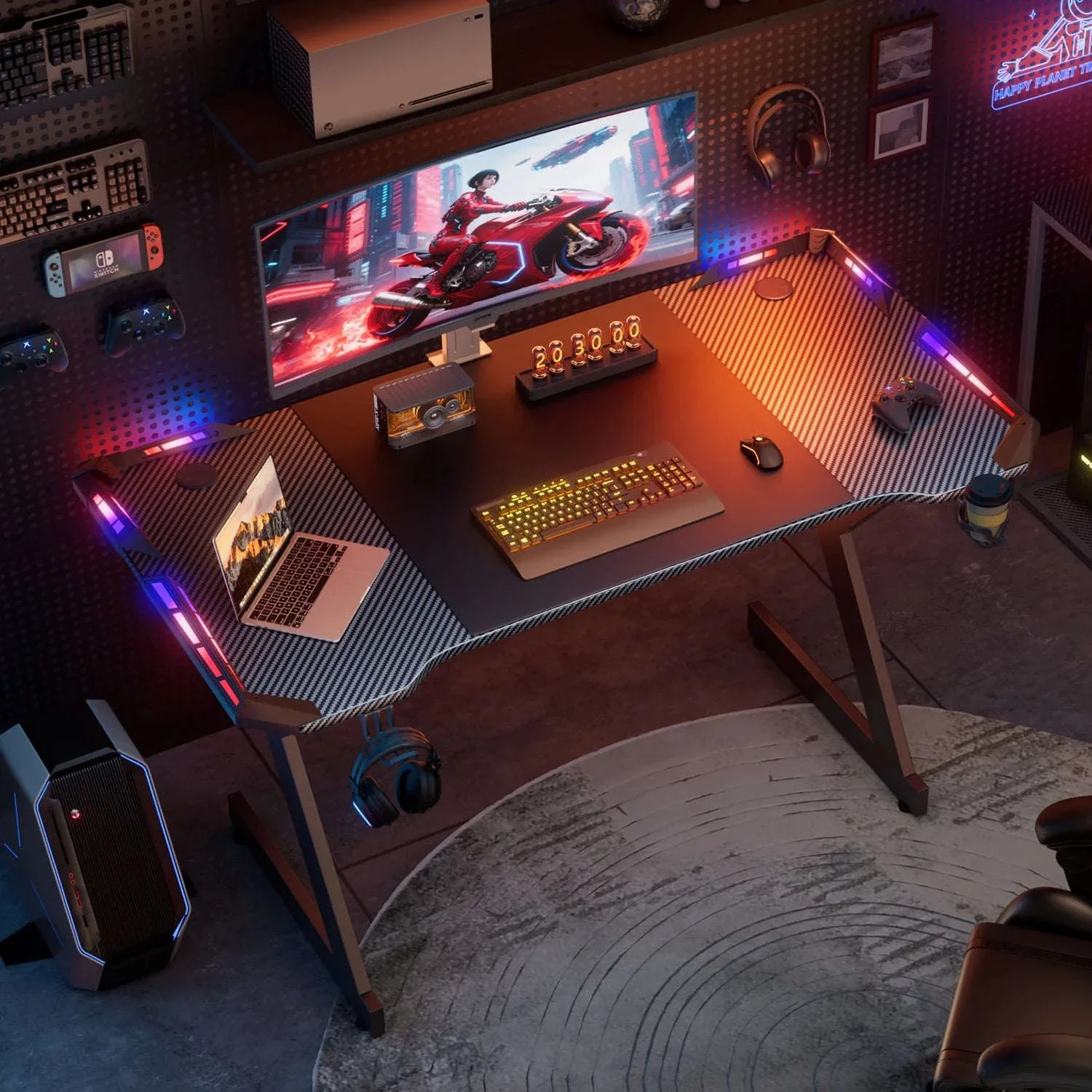 Y-Shaped RGB Gaming Desk with Cup Holder and Headphone Hook - Image 3