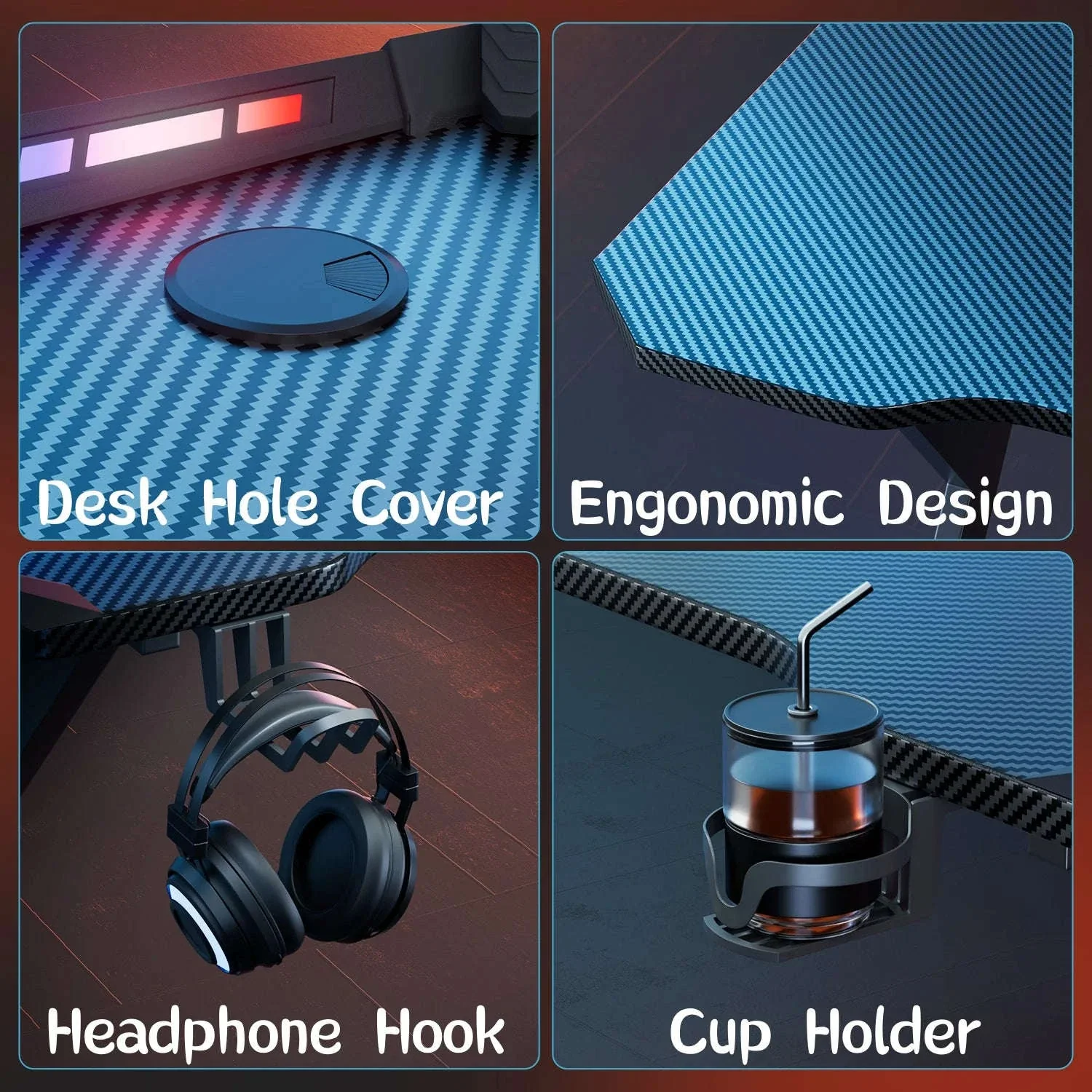 Y-Shaped RGB Gaming Desk with Cup Holder and Headphone Hook - Image 5