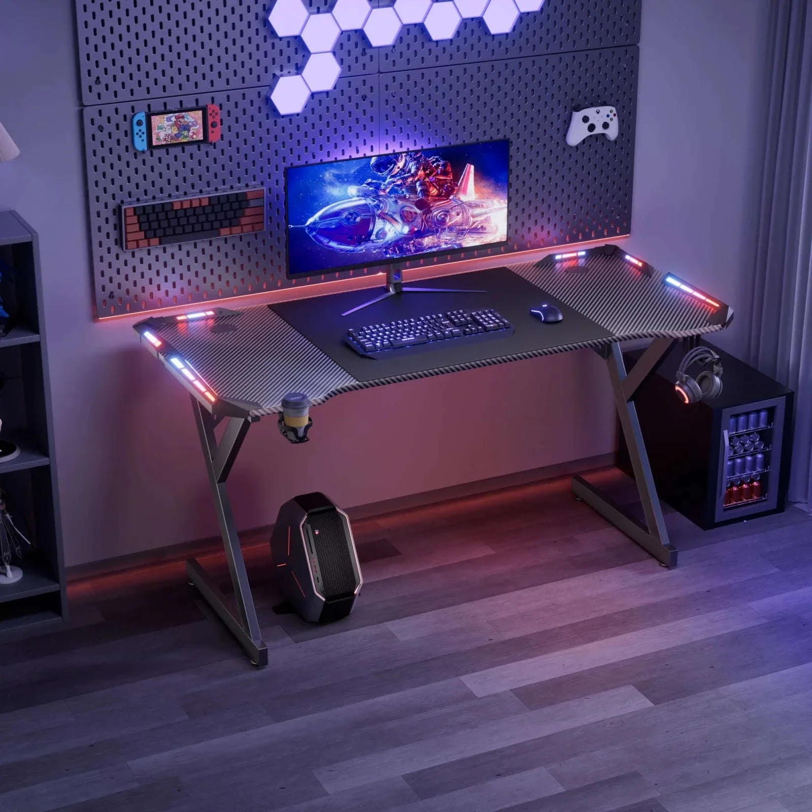 Y-Shaped RGB Gaming Desk with Cup Holder and Headphone Hook - Image 6