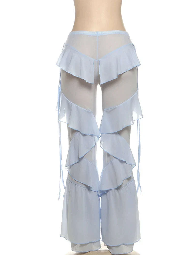 Y2K Patchwork Sheer Flare Pants Women Low Rise Stretch Trousers - Image 12