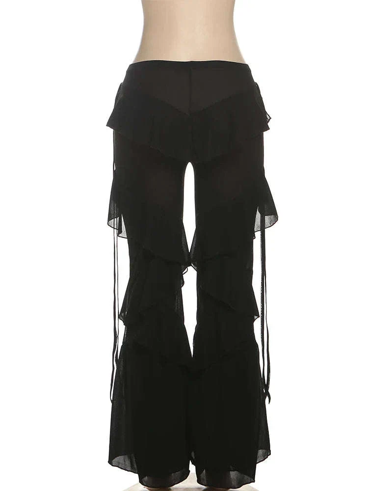 Y2K Patchwork Sheer Flare Pants Women Low Rise Stretch Trousers - Image 15