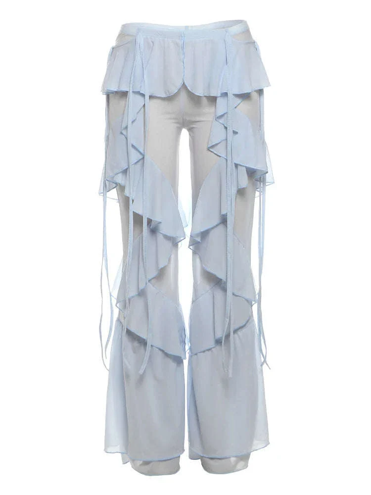 Y2K Patchwork Sheer Flare Pants Women Low Rise Stretch Trousers - Image 8