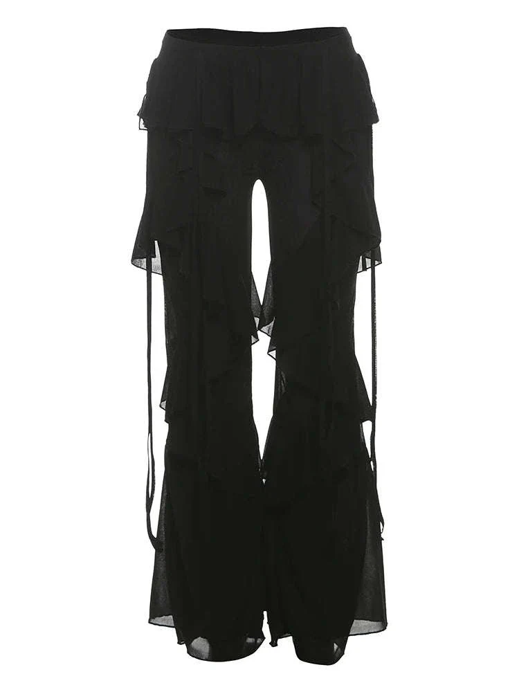 Y2K Patchwork Sheer Flare Pants Women Low Rise Stretch Trousers - Image 9