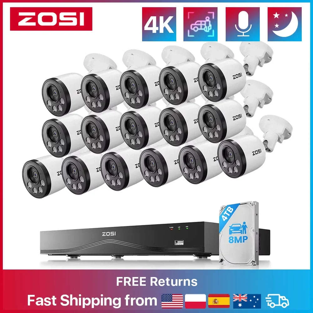 ZOSI 16CH 4K PoE CCTV System with 4TB HDD and 8MP Cameras